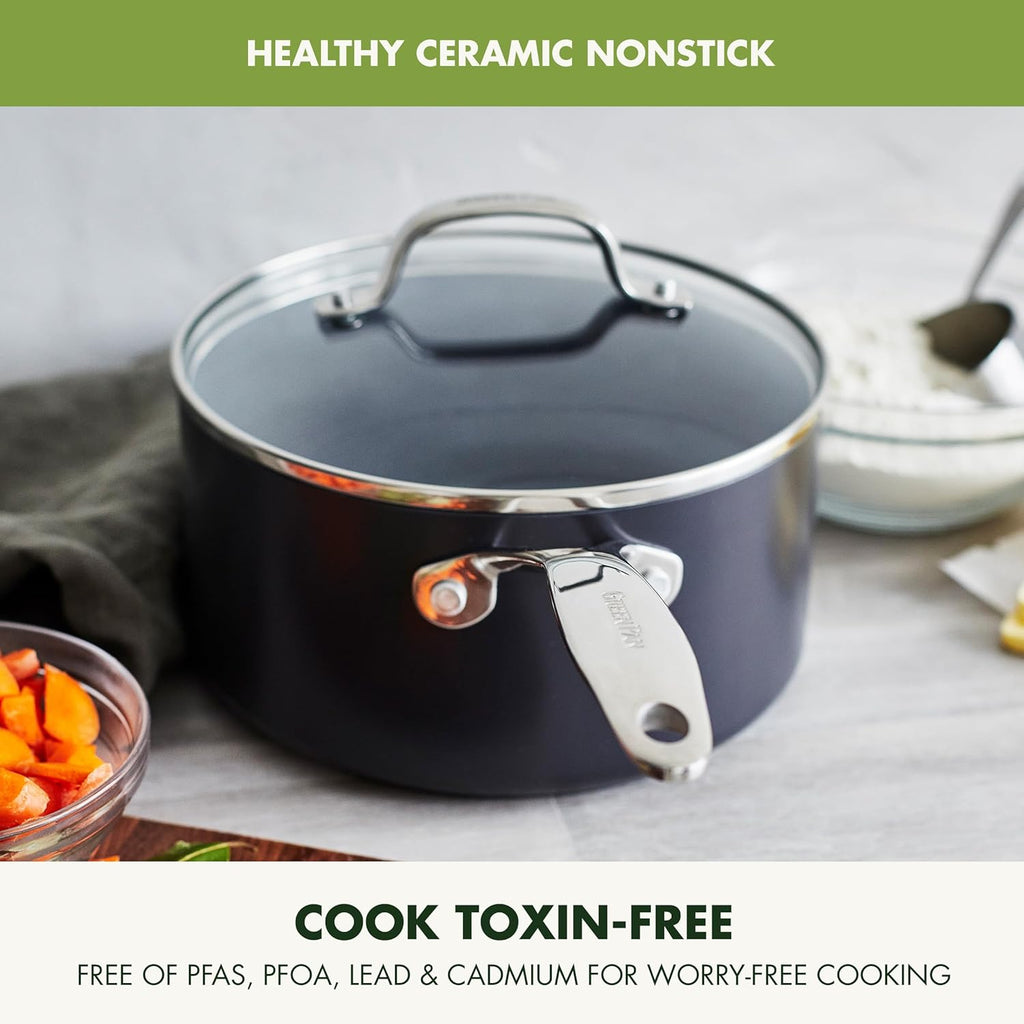 GreenPan Valencia Pro Hard Anodized Healthy Ceramic Nonstick 1.66QT and 3.3QT Saucepan Pot Set with Lids, PFAS-Free, Induction, Dishwasher and Oven Safe, Gray