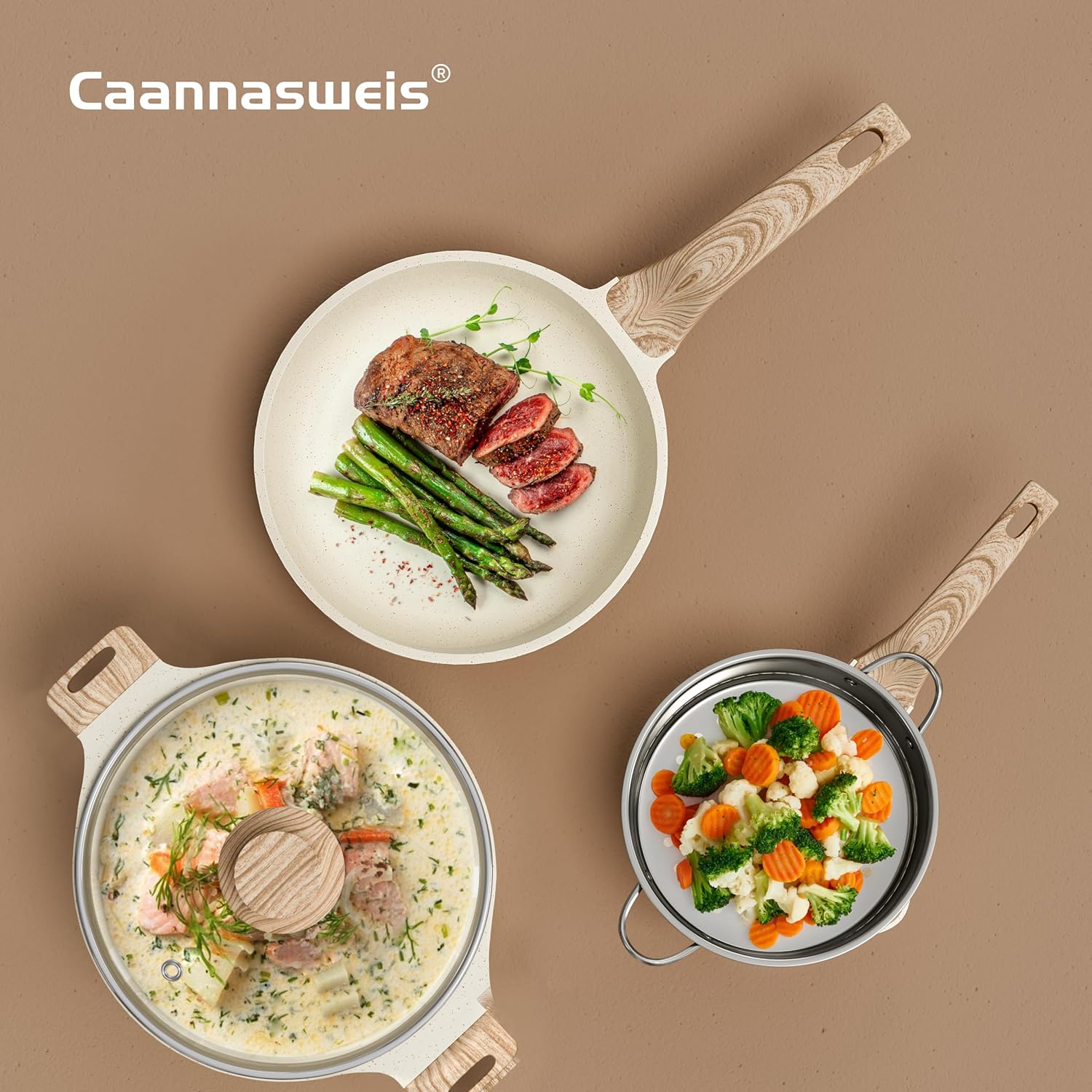 Caannasweis 20Pcs Cookware Sets, Nonstick Pots and Pans Set, Granite Induction Cookware, Non Stick Kitchen Cooking Set,Cream White 21 Piece Egg Pan Set, PFOS PFOA Free