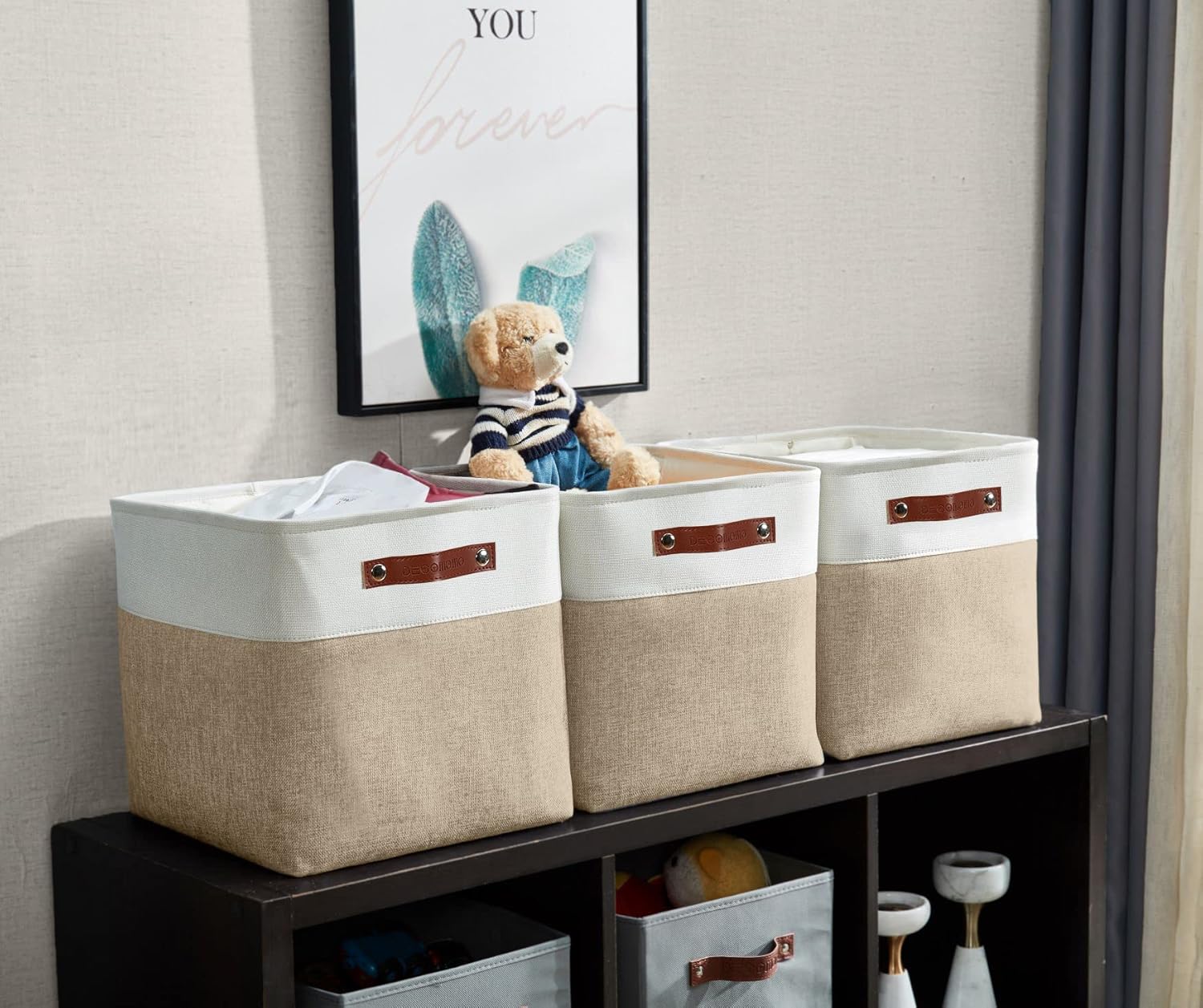 DECOMOMO Storage Cubes, 11x11 Cube Storage Bins, Baskets for Shelves (Beige & White, Cube 11" - 4 Pack)