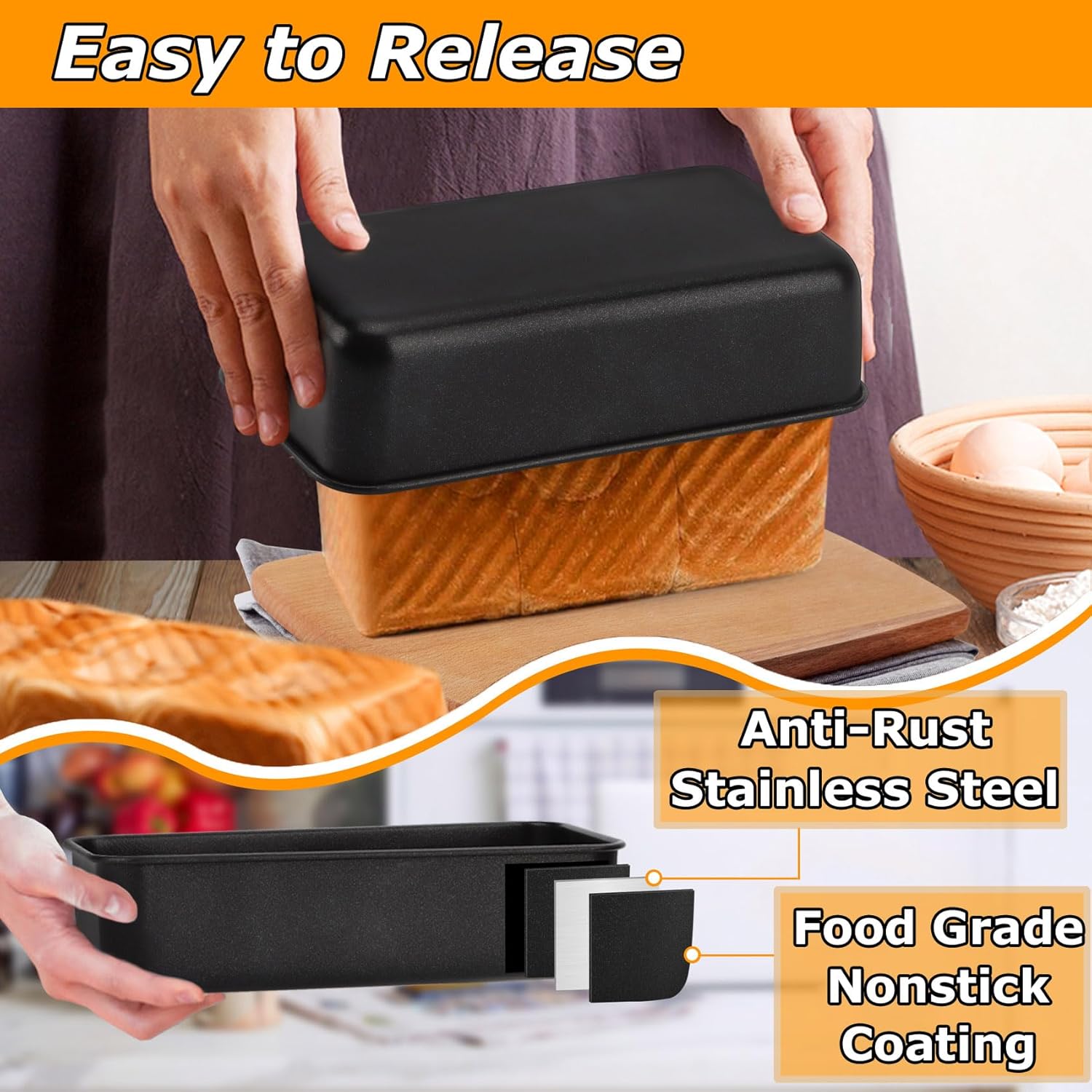 LIANYU 2 Pack Bread Loaf Pan for Baking, 9×5 Inch Nonstick Stainless Steel Bread Baking Loaf Pan, Meatloaf Tin for Homemade Banana Sourdough, Dishwasher Safe