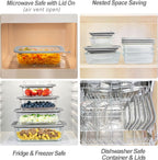 Glass Food Containers with Glass Lid, Microwave Safe Food Storage Container Set, 6 Pack Square Shape, Large Size Airtight Storage Set with Leak Proof Lids, Meal Prep Containers