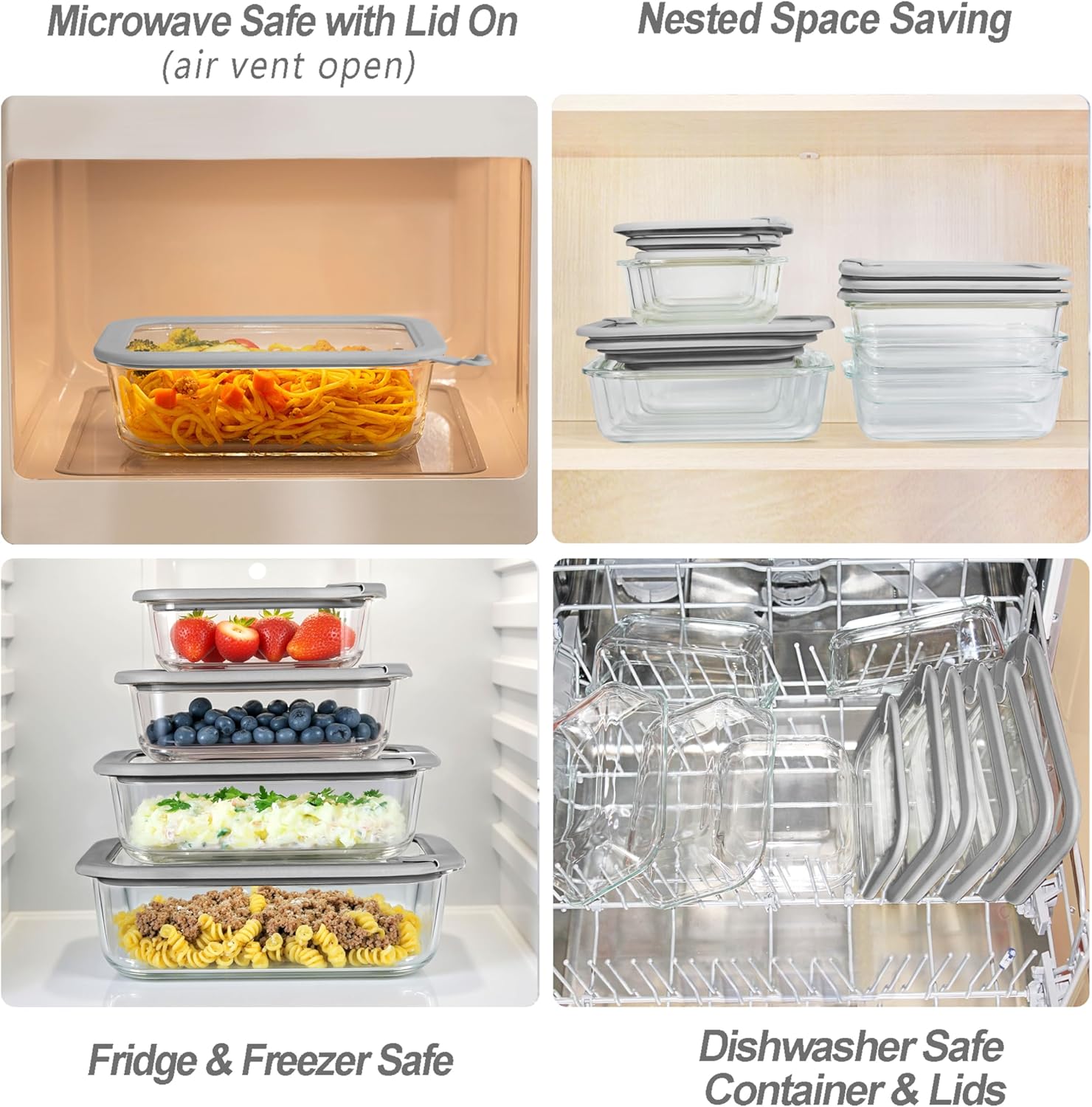 Glass Food Containers with Glass Lid, Microwave Safe Food Storage Container Set, 2 Pack of 50oz, Large Size Airtight Storage Set with Leak Proof Lids, Meal Prep Containers