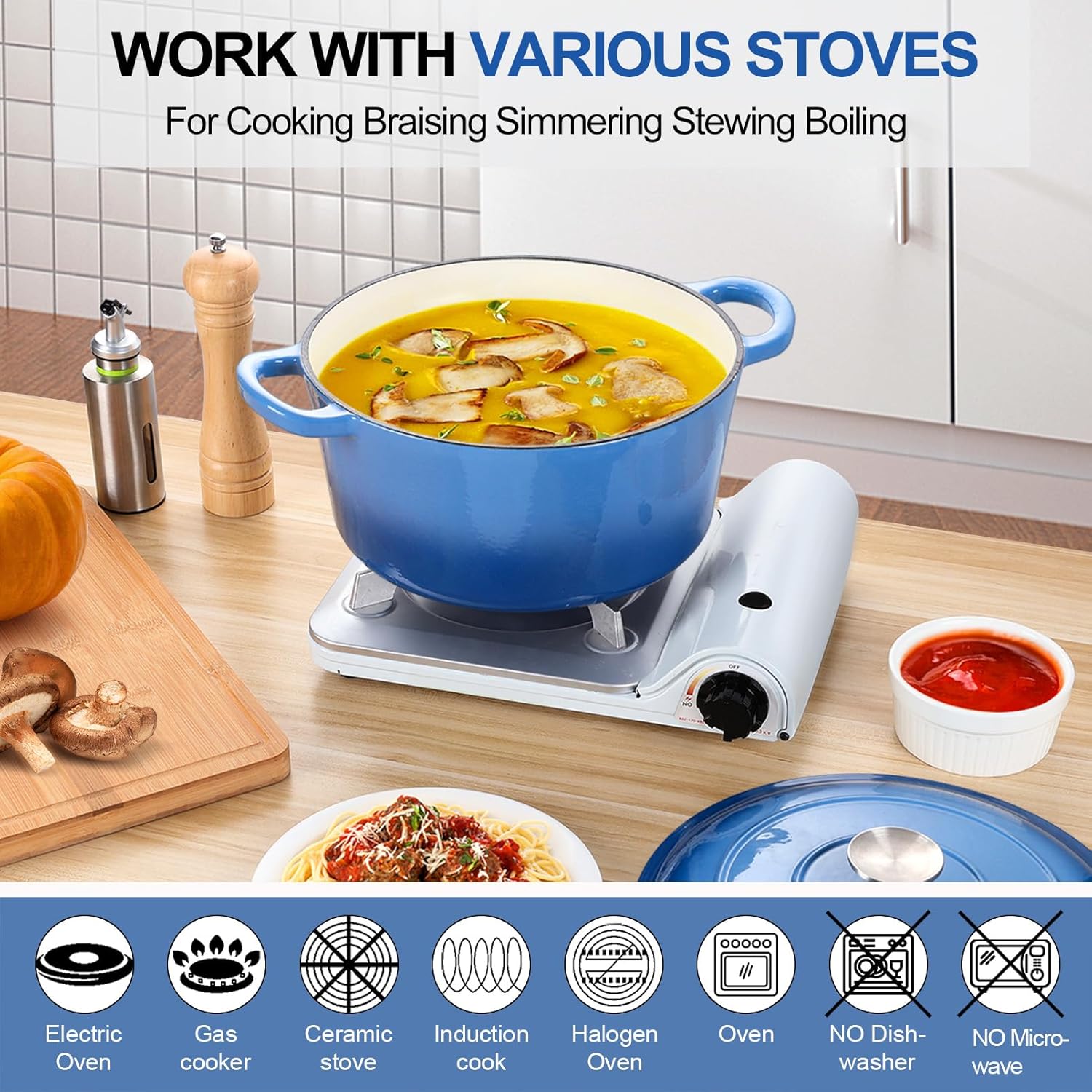 P&P CHEF 7QT Enameled Dutch Oven, Cast Iron Dutch Oven Pot with Lid for Bread Baking, Enameled Casserole Pot for Roasting Braising Stewing Frying Simmering, Various Stoves & Easy Clean, Blue