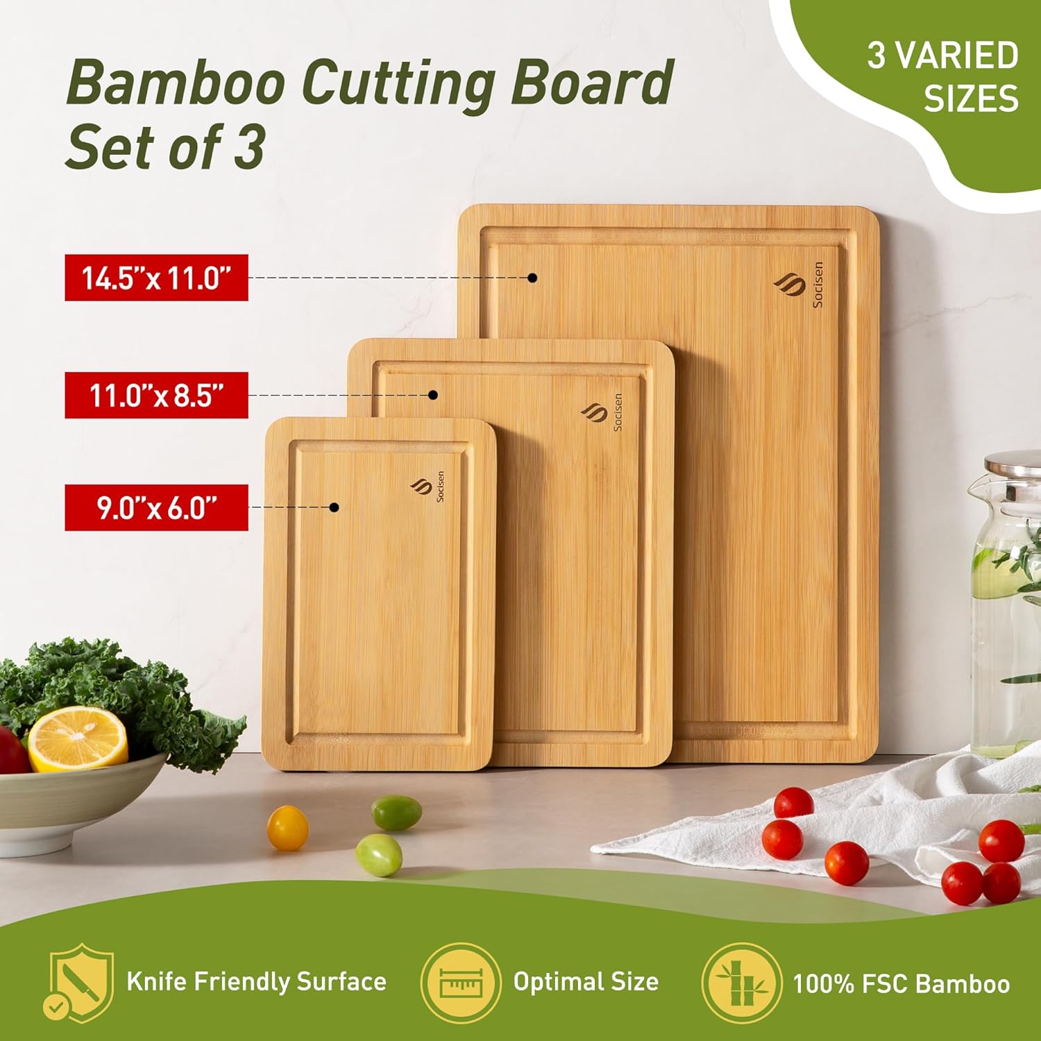 Bamboo Cutting Board Set Non Slip Feet Wood Cutting Boards for Kitchen with Juice Grooves & Built-in Handles, Ideal Charcuterie & Chopping for Meat, Vegetables and Fruits Kitchen Gift for Home Cooks
