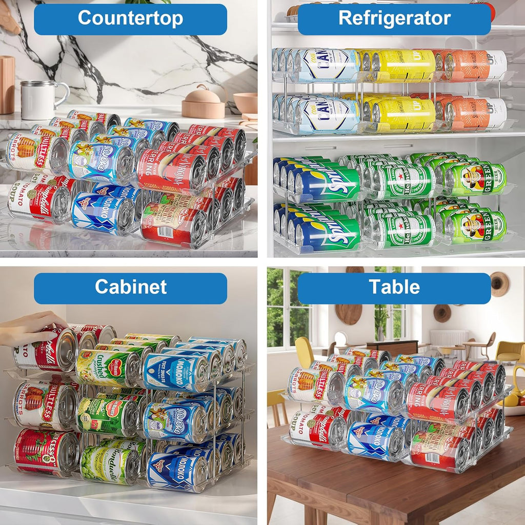 cjc Can Organizer for Pantry Stackable, Clear Can Organizer for Fridge, Auto-Rolling Pop Soda Pantry Organizers for 36 Cans, Storage Rack for Kitchen Cabinet (3 Sets 3 Tiers)