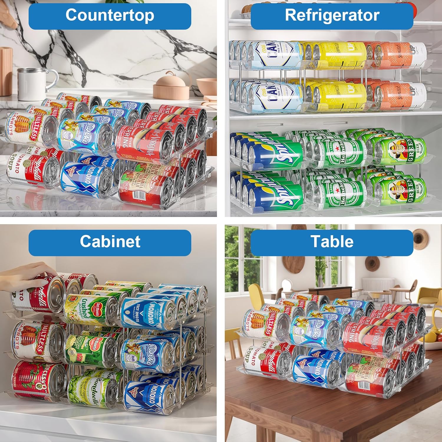 cjc Can Organizer for Pantry Stackable, Clear Can Organizer for Fridge, Auto-Rolling Pop Soda Pantry Organizers for 36 Cans, Storage Rack for Kitchen Cabinet (3 Sets 3 Tiers)