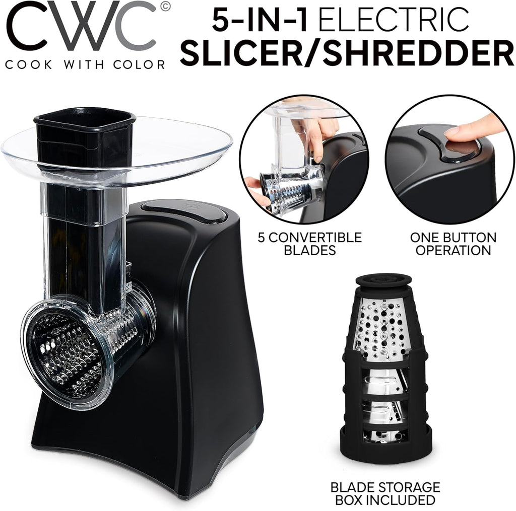 COOK WITH COLOR 5-in-1 Electric Slicer, 150W Food Prep Machine – Cheese Shredder, Fine & Coarse Graters, Potato Grater, Vegetable Slicer, Fruit, Salad Shooter, Compact Design for Bowl Prep, Black