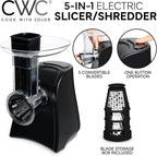 COOK WITH COLOR 5-in-1 Electric Slicer, 150W Food Prep Machine – Cheese Shredder, Fine & Coarse Graters, Potato Grater, Vegetable Slicer, Fruit, Salad Shooter, Compact Design for Bowl Prep, Black