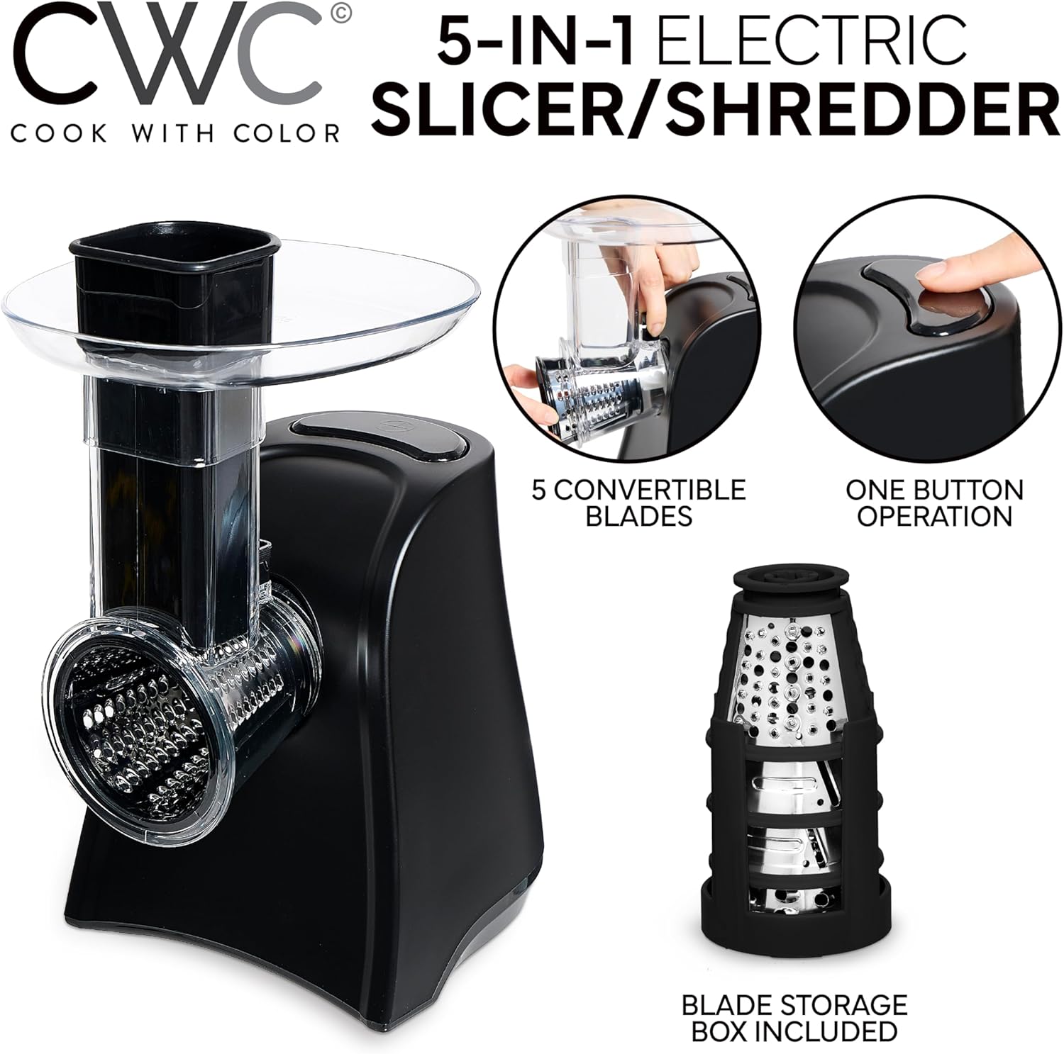 COOK WITH COLOR 5-in-1 Electric Slicer, 150W Food Prep Machine – Cheese Shredder, Fine & Coarse Graters, Potato Grater, Vegetable Slicer, Fruit, Salad Shooter, Compact Design for Bowl Prep, Black
