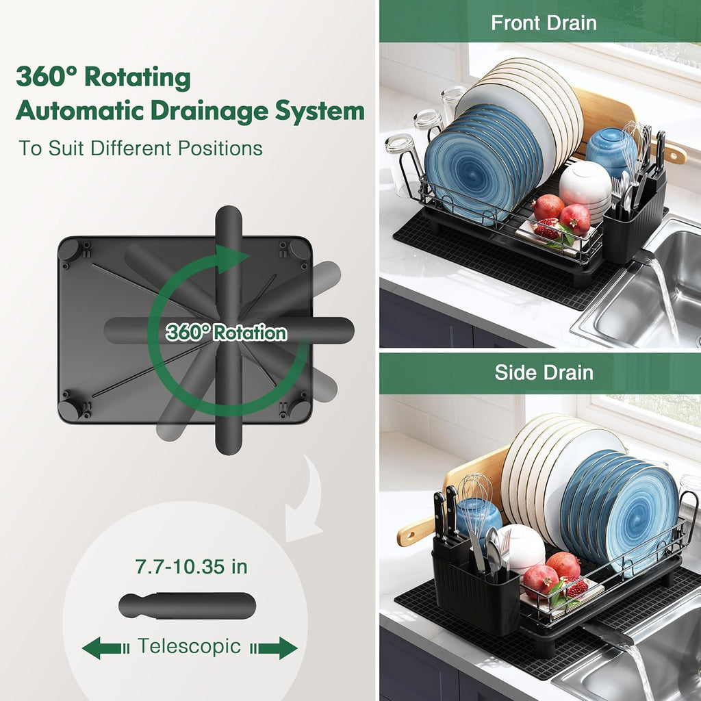 JASIWAY Stainless Steel Black Dish Drainers Drying Rack for Kitchen Counter with Drainboard, Rust Proof Metal, Space Saving, Modern Aesthetic, Compact Plates Dryer Strainers with Tray and Extra Mat