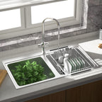 JAQ Dish Drainer in Sink Adjustable 14.96" to 20.59", Expandable 304 Stainless Steel Metal Dish Drying Rack Organizer with Stainless Steel Utensil Holder Over Inside Sink Counter