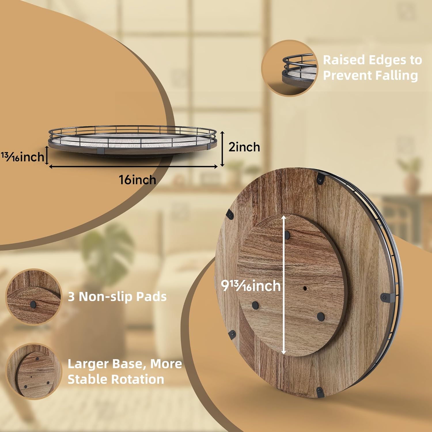 Acacia Wood 16" Lazy Susan Turntable Organizer for Table Top, Farmhouse Large Round Lazy Susan for Cabinet Kitchen Centerpieces Dining Table, for Condiments Charcuterie, Bathroom Vanity Tray Decor