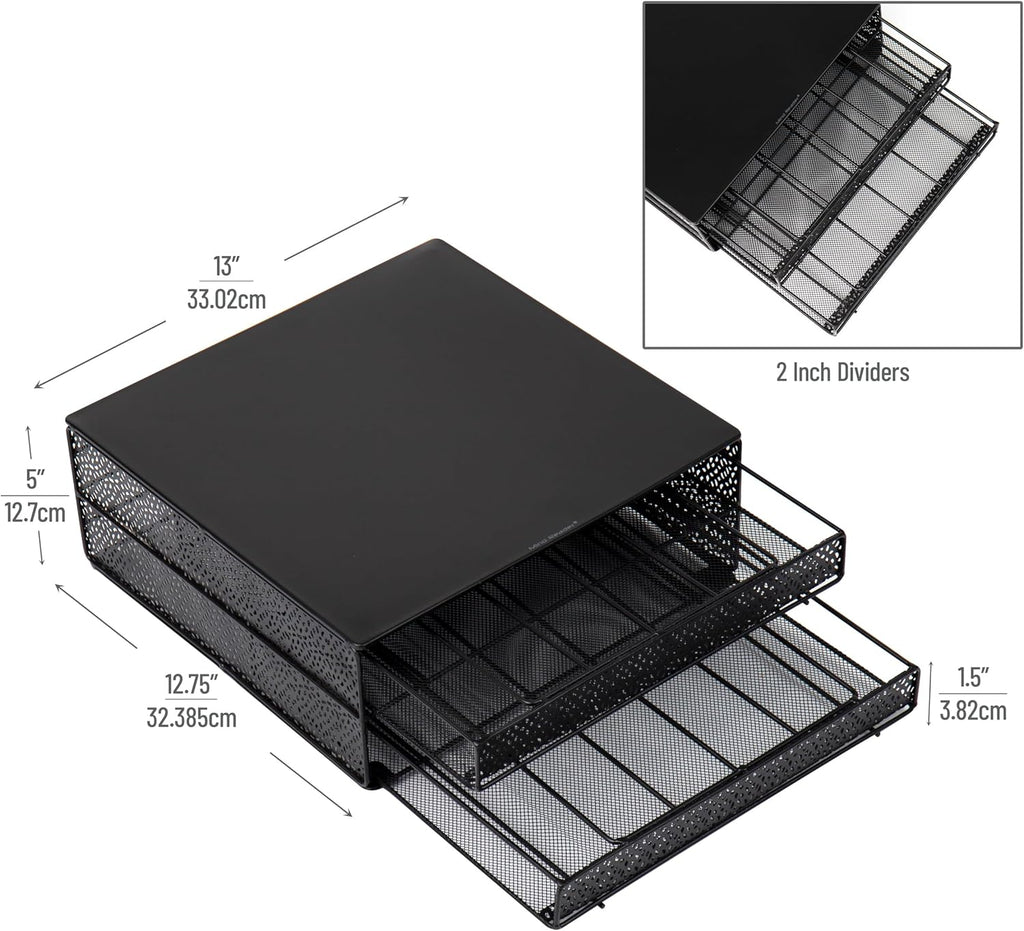 Mind Reader Single Serve Coffee Pod Organizer with 2 Drawers, 72 Pod Capacity, Metal Mesh, 13"L x 12.75"W x 5"H, Black