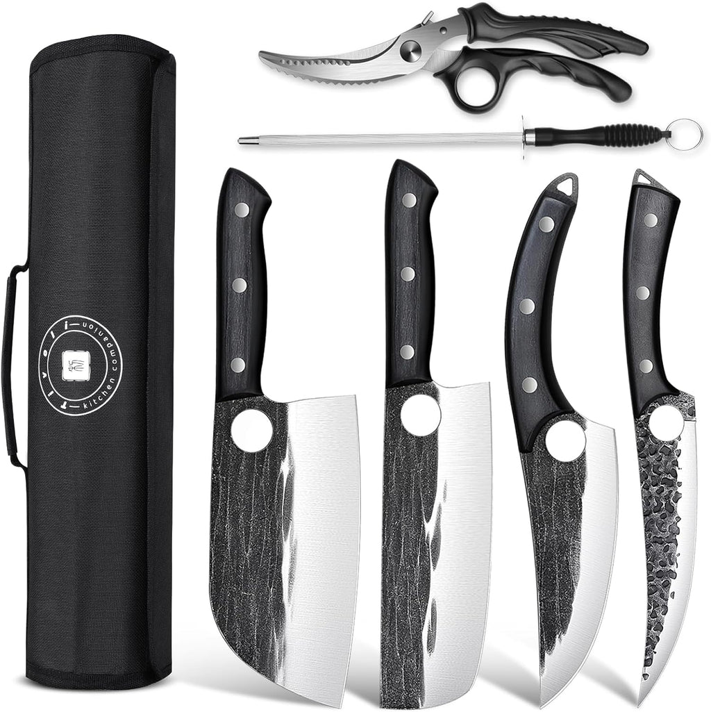 TIVOLI Professional Butcher Knife Set for Meat Processing, 7Pcs High Carbon Steel Hand Forged BBQ Knife Sets, Serbian Chef Knife Set with Ergonomic Handle for Kitchen Outdoor Cooking Father's Day Gift