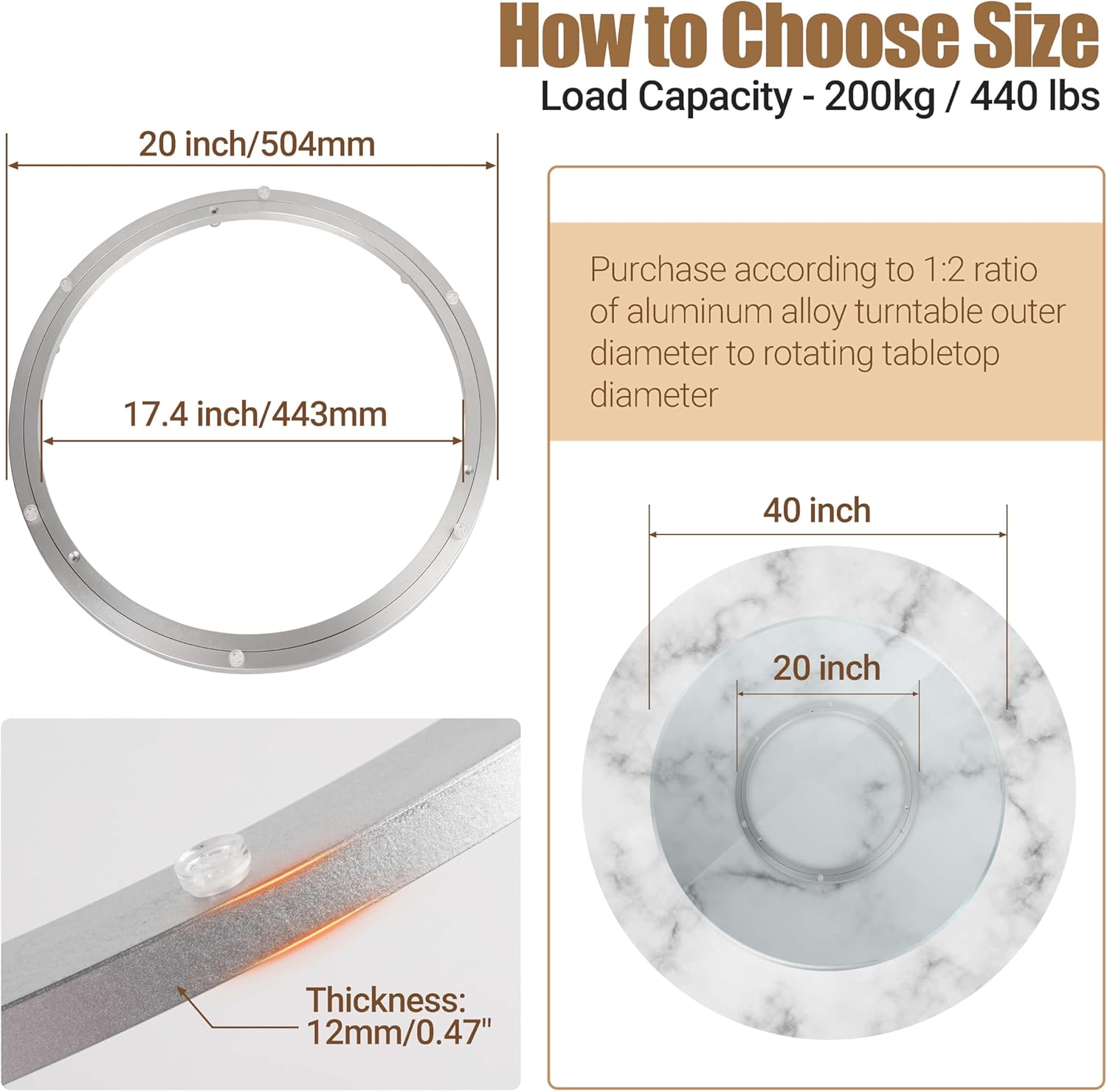 20 Inch Lazy Susan Bearing Heavy-Duty Aluminium Alloy Turntable Bearing, Mute Turntable Ball Bearing, Lazy Susan Rotating Turntable Bearing for Dining and DIY Dotating Furniture(Capacity up to 440lb)