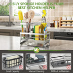 Cisily Sink Caddy Sponge Holder for Kitchen with Brush Holder and Stainless Steel Self Drain Tray, Rustproof Kitchen Sink Organizer for Sponge, Soap Dispenser Storage Accessories (Stainless Steel)