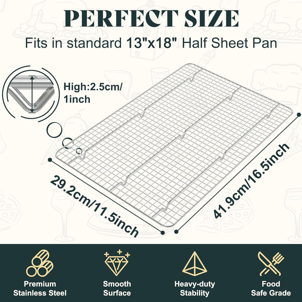 Cooling Racks for Cooking and Baking-11.5"x16.5" Oven Safe Premium Stainless Steel Heavy Duty Baking Rack Tight-Wire, Fits Half Sheet Pan for Roasting & Grilling & Cooking-Set of 2