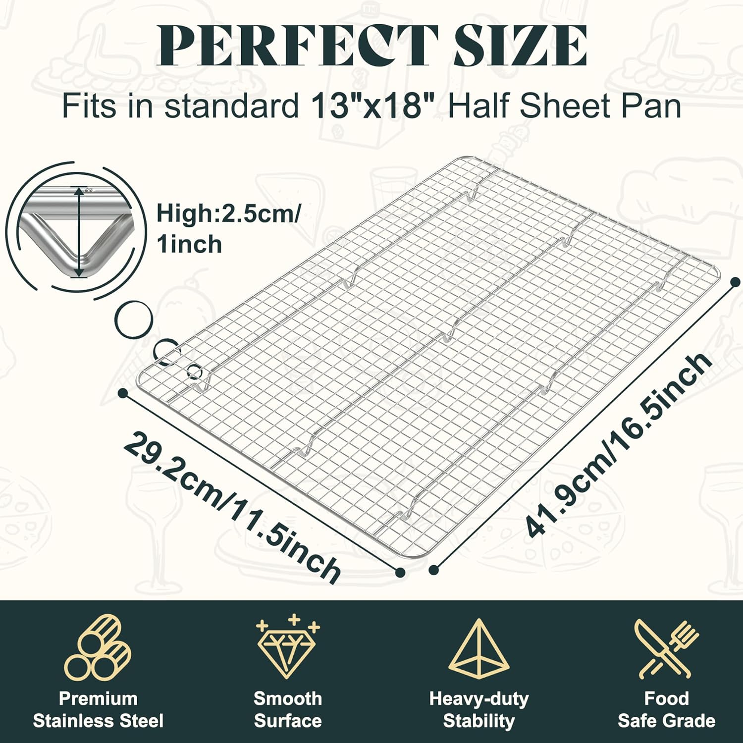 Cooling Racks for Cooking and Baking-11.5"x16.5" Oven Safe Premium Stainless Steel Heavy Duty Baking Rack Tight-Wire, Fits Half Sheet Pan for Roasting & Grilling & Cooking-1 Pack