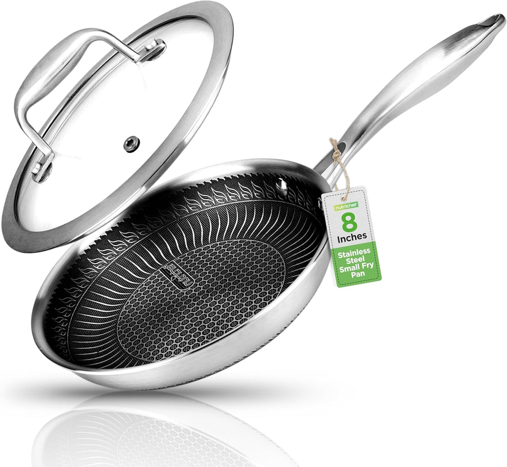 NutriChef 8" Stainless Steel Frying Pan - Triply Kitchenware Stir Fry Pan Kitchen Cookware w/DAKIN Etching Non-Stick Coating, Scratch-resistant Raised-up Honeycomb Fire Textured Pattern - NC3PL8