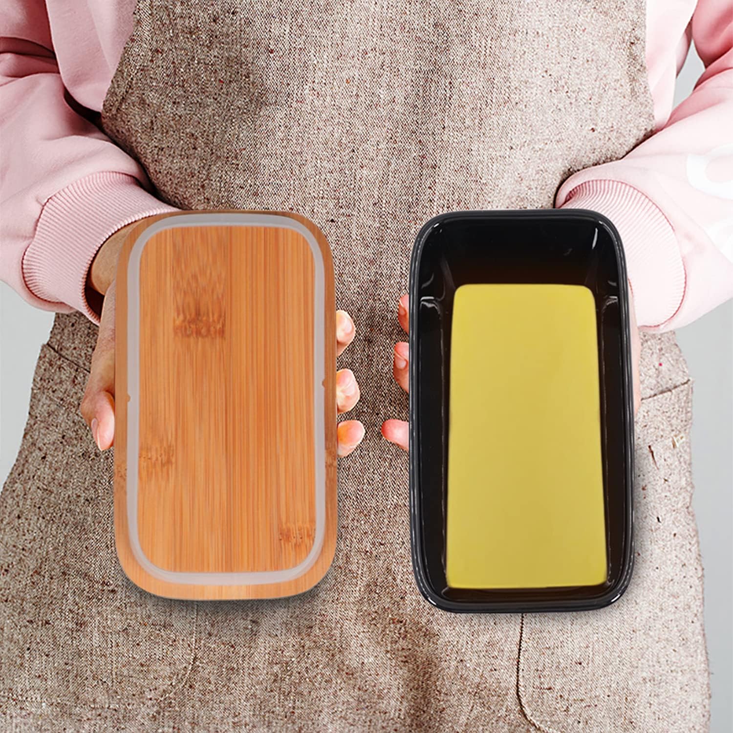 Ceramic Butter Dish with Wooden Lid, Large Butters Container Keeper Storage with Stainless Steel Knife Spreader, Bamboo Cover and Silicone Sealing Ring for West East Coast, Black