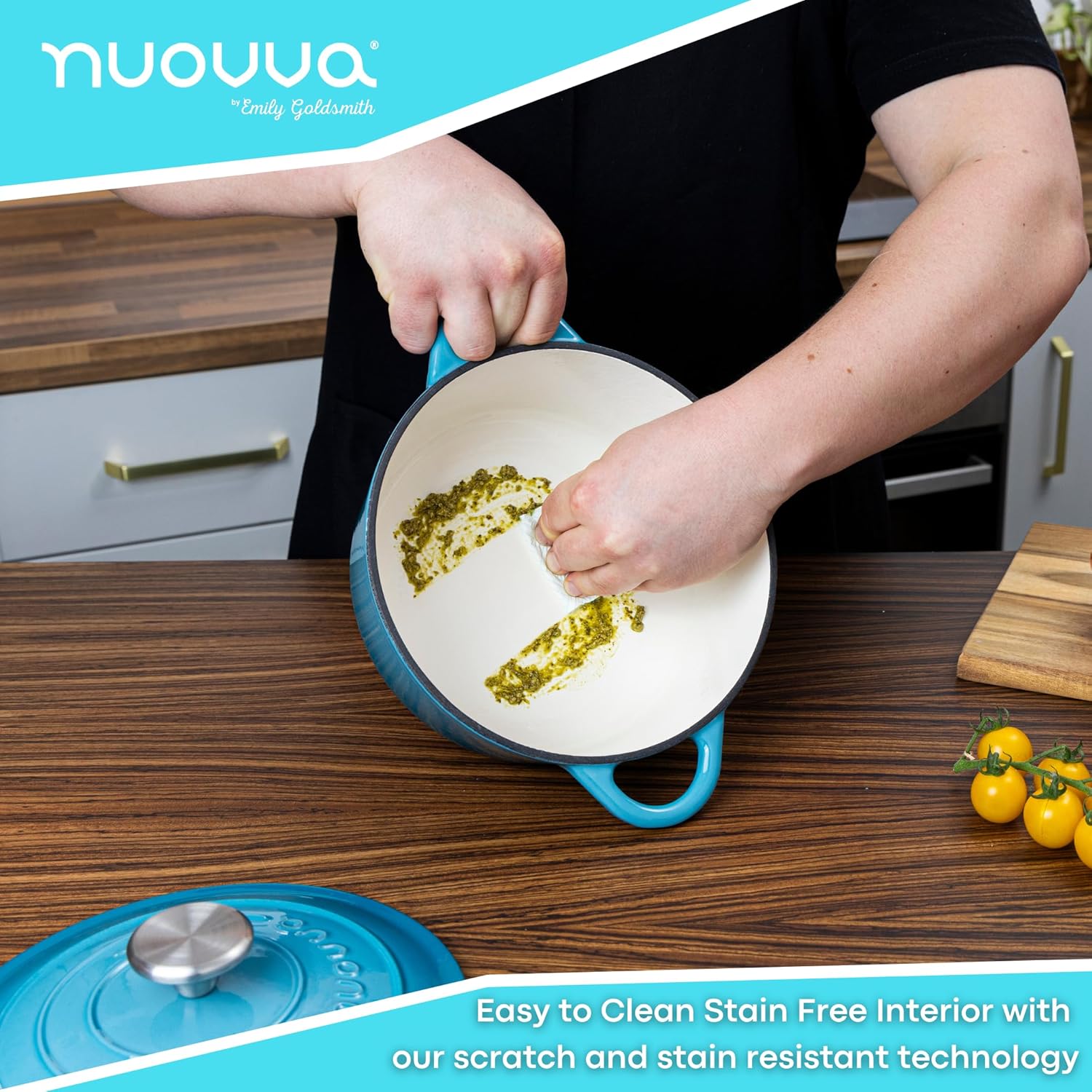 Cast Iron Pot with Lid – Non-Stick Ovenproof Enamelled Casserole Pot, Oven Safe up to 500° F – Sturdy Dutch Oven Cookware – Blue, 5-Quart, 24cm – by Nuovva