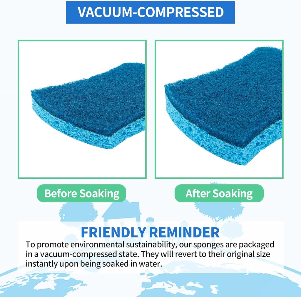 HOMERHYME Non-Scratch Cellulose Scrub Sponges 24 Pack, Kitchen Sponge with Double-Side & Ergonomic Design. Sturdy Sponge for Dishes, Coated Cookware, Sink, Countertops.