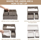 FairyHaus Wicker Baskets for Organizing 3 Pack, Waterproof Small Wicker Storage Basket for Shelves Rectangle, Nesting Lined Grey Plastic Woven Basket