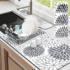 Findosom 2PCS 17" x 32" Dish Drying Mat & 24" x 5.5" Sink Splash Guard, Super Absorbent & Cuttable Dish Mat Drying Kitchen Mat with Gray Floral, Hide Stain Drying Mat for Kitchen Counter