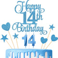 14th Birthday Cake Decorations, 14th Birthday Candles Cake Numeral Candles and Glitter Happy 14th Birthday Cake Toppers Set for Birthday Party Supplies (Blue)