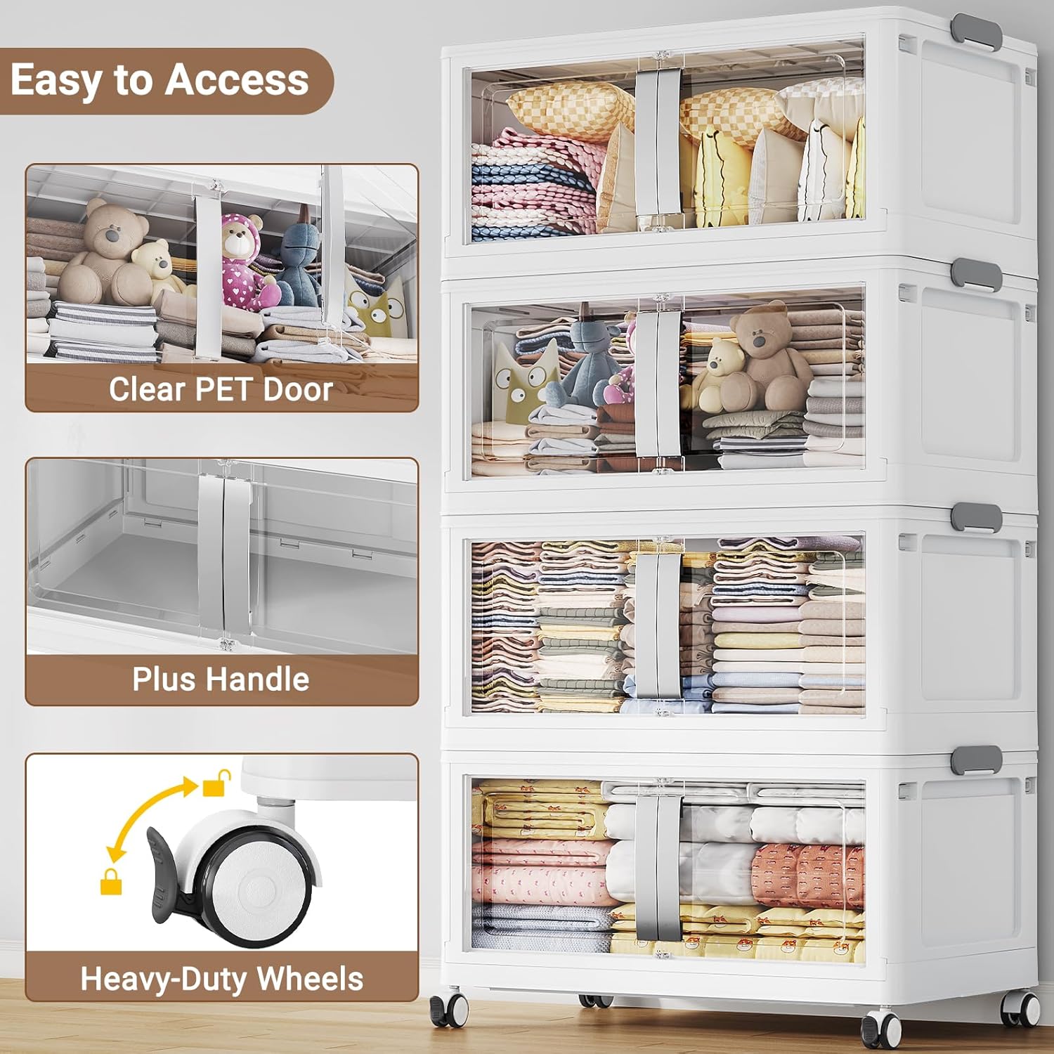 800QT Stackable Storage Bins with Lids, 200Gal Extra Large Collapsible Storage Box with Wheel, Plastic Storages with Clear Door Open Front for Home Bedroom Garage, White-5pack(5 lids)