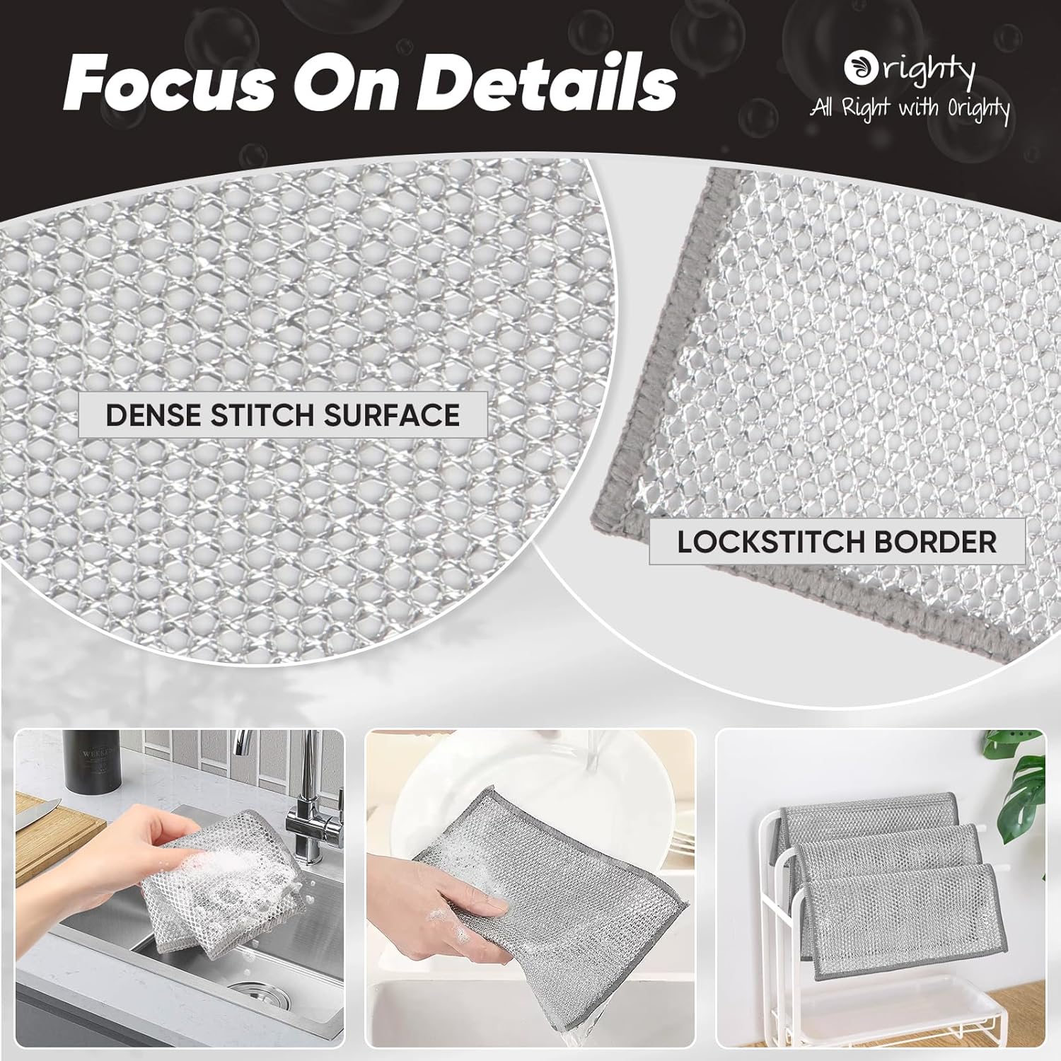 Orighty 12 Pcs Multipurpose Wire Dishwashing Rag, Non-Scratch Wire Dish Cleaning Cloths for Wet and Dry, Reusable Steel Scrubber for Kitchen, Powerful Dishcloth Rag for Cookware, Dish, Stove-7"x8"