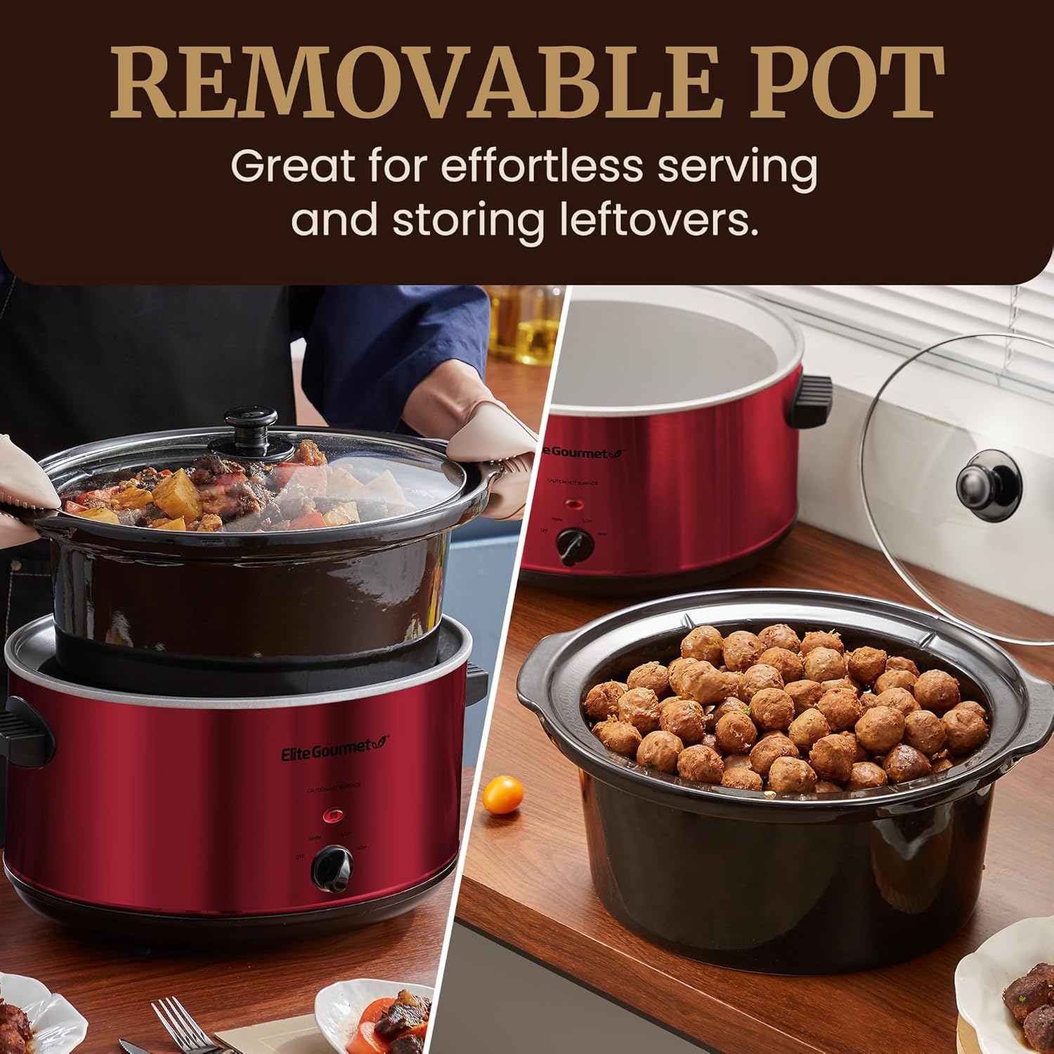 Elite Gourmet MST-900RXT# Electric Ceramic XL Jumbo Slow Cooker, Adjustable Temp, Entrees, Sauces, Stews & Dips, Dishwasher Safe Glass Lid & Crock, 8.5Qt, MetallicRed