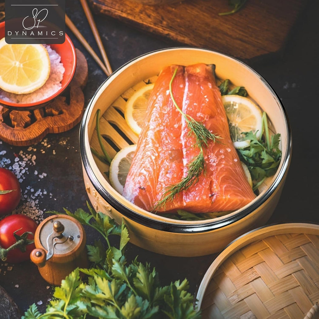 Bamboo Steamer Basket Set Chinese Cuisine 10-inch 2 Tiers Vegetable Steaming Basket for Cooking with Chopsticks, Sauce Dishes, and Reusable Liners - Dumpling Steamer Baskets