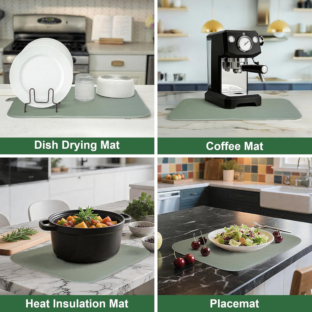 2 Packs Dish Drying Mats for Kitchen Counter, Drying Matt Kitchen Counter, Sage Green Kitchen Dish Drying Mat & Dish Dryer Mat for Drying Dishes, 20 x 15 inches (Green)