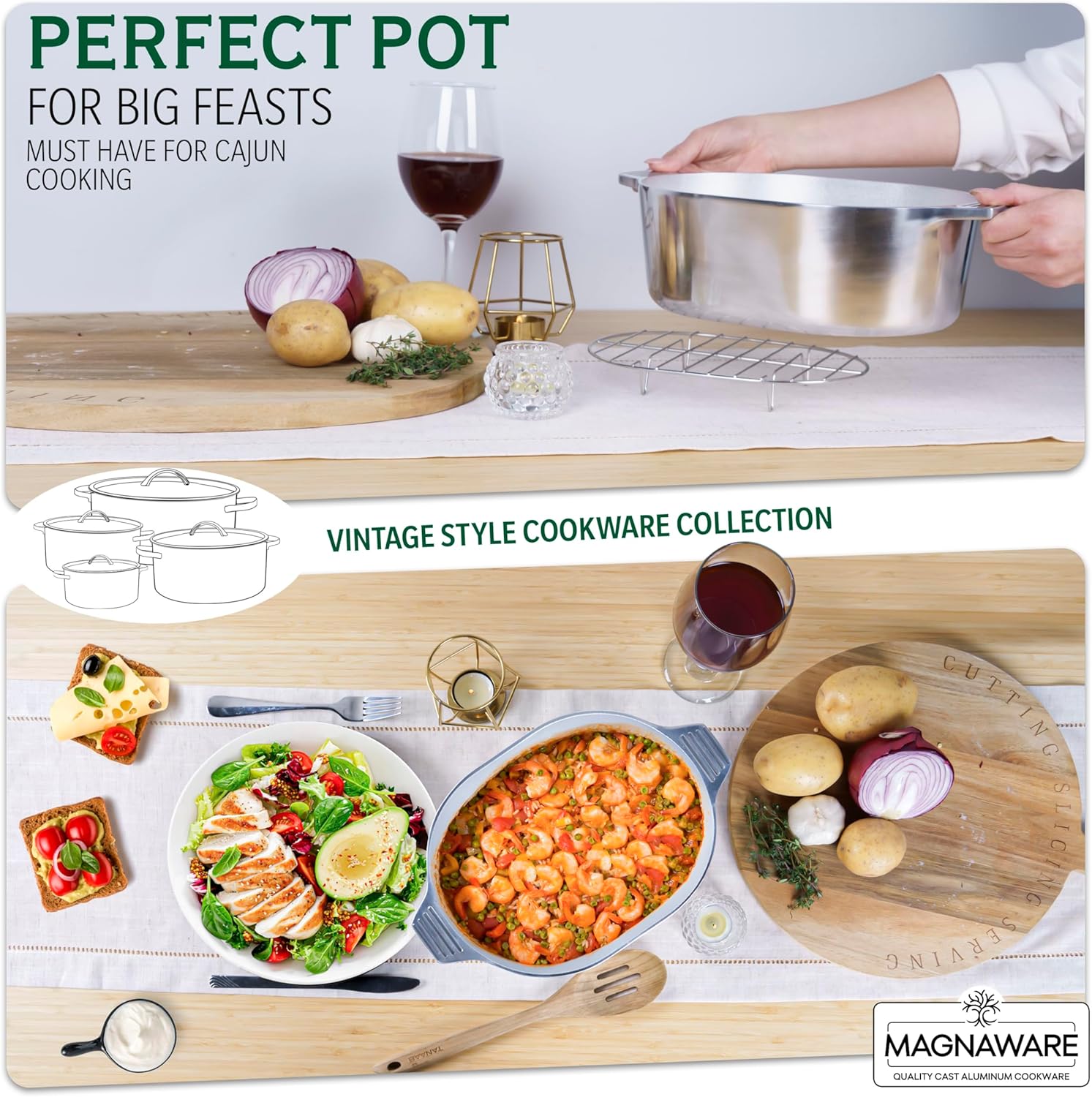 Cast Aluminum Oval Dutch Oven with Lid — 5 QT Heavy Duty Roaster Pan with Rack & Silicone Cover Dual Handles — Cajun Cookware for Roasting, Baking, Cooking (11" Small)