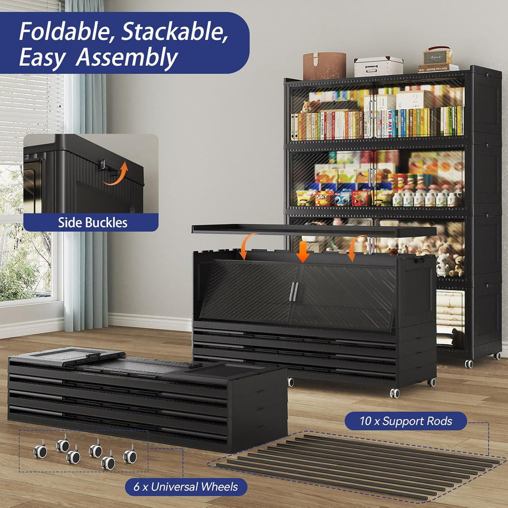 150GAL Extra Large Storage Bins with Lid, 600QT Plastic Stackable Storage Bins with 6x Wheels, Collapsible Closet Organizer and Storage Drawer Cabinet for Living Room Office Dorm, 3Pack Black