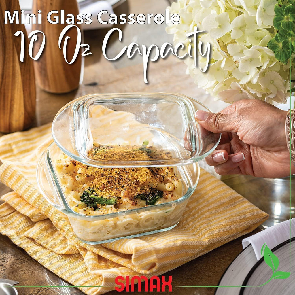 Simax Casserole Dish For Oven, 10 Ounce Mini Glass Baking Dish With Lid, Small, Personal Sized Bakeware and Cookware, Great for Storage, Microwave, Oven, And Dishwasher Safe Borosilicate Glass Dish