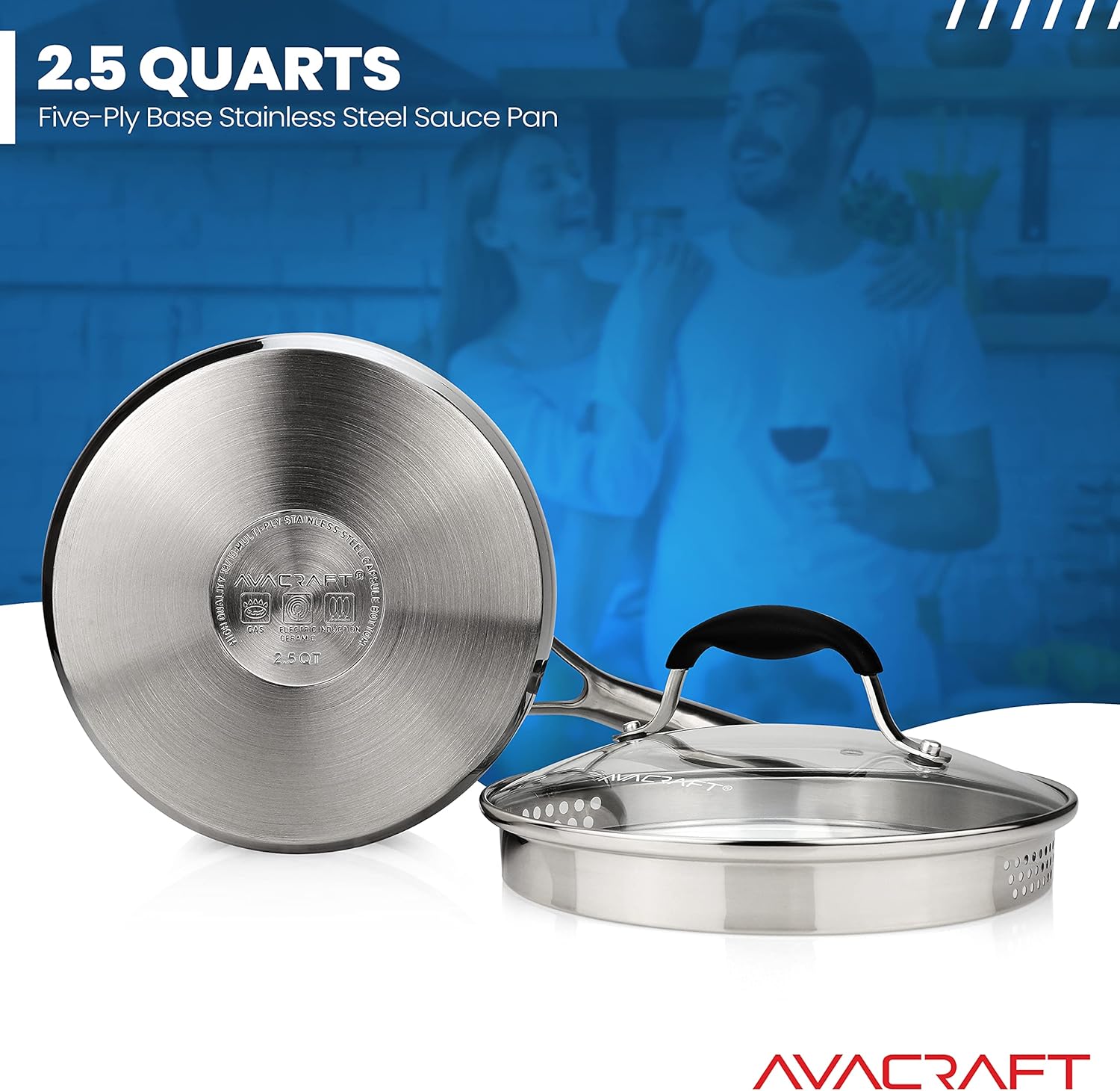 AVACRAFT Stainless Steel Saucepan with Glass Strainer Lid, Two Side Spouts for Easy Pour with Ergonomic Handle, Multipurpose Sauce Pot (5-Ply Capsule Bottom, 2.5 Quart)
