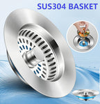 3-in-1 Kitchen Sink Drain Strainer Stopper,Stainless Steel Sink Stopper, Anti-Clogging Sink Food Catcher Basket,Universal Sink Protector Cover for Standard 3-1/2 Inch Drain