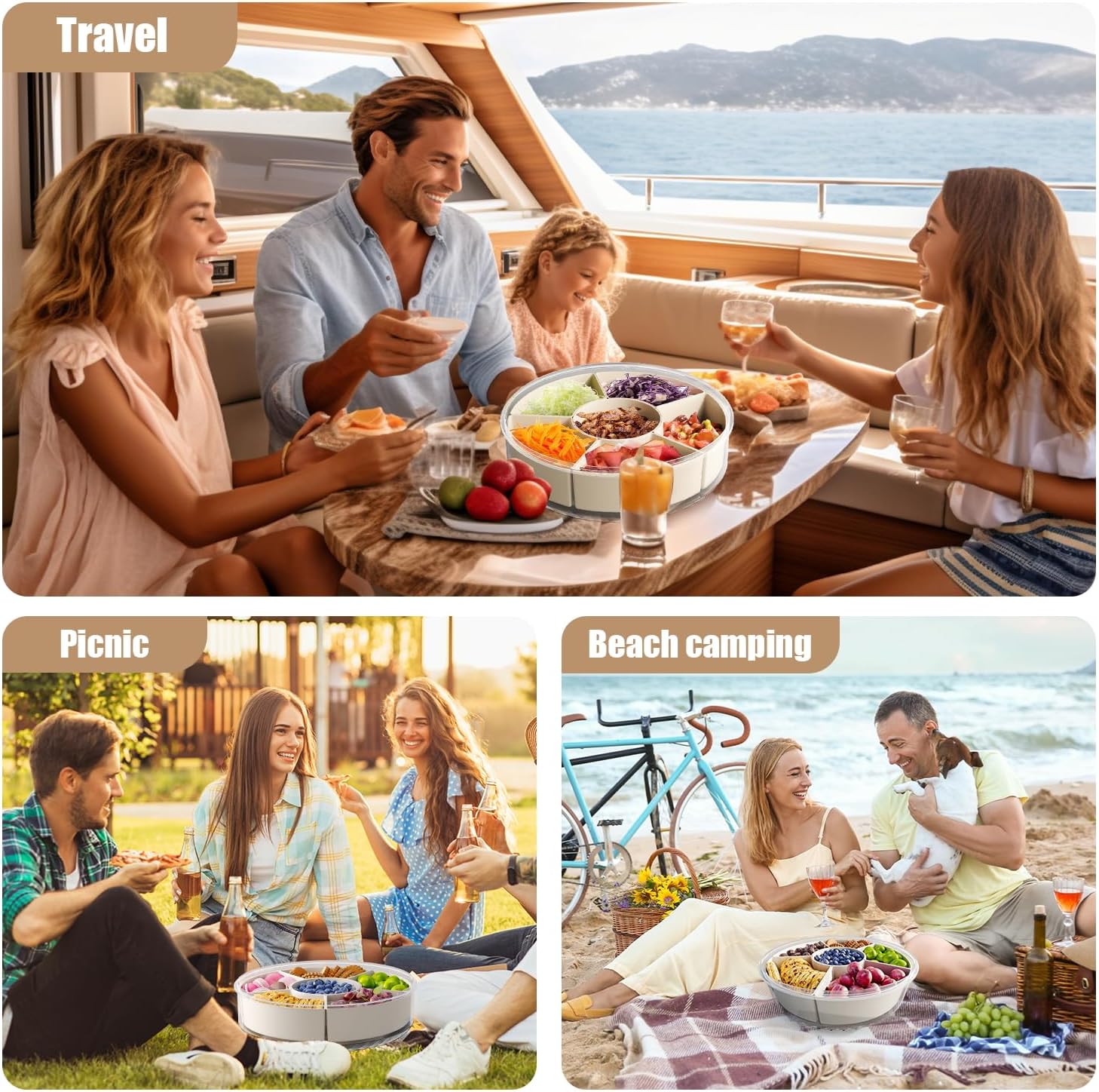 Divided Serving Tray with Lid and Handle,Large Snack Spinner,Snackle Box Container, Multi-Purpose Food Platter for Charcuterie Veggie Fruit, Taco Tuesday Movie Night Travel Beach Picnic Essentials