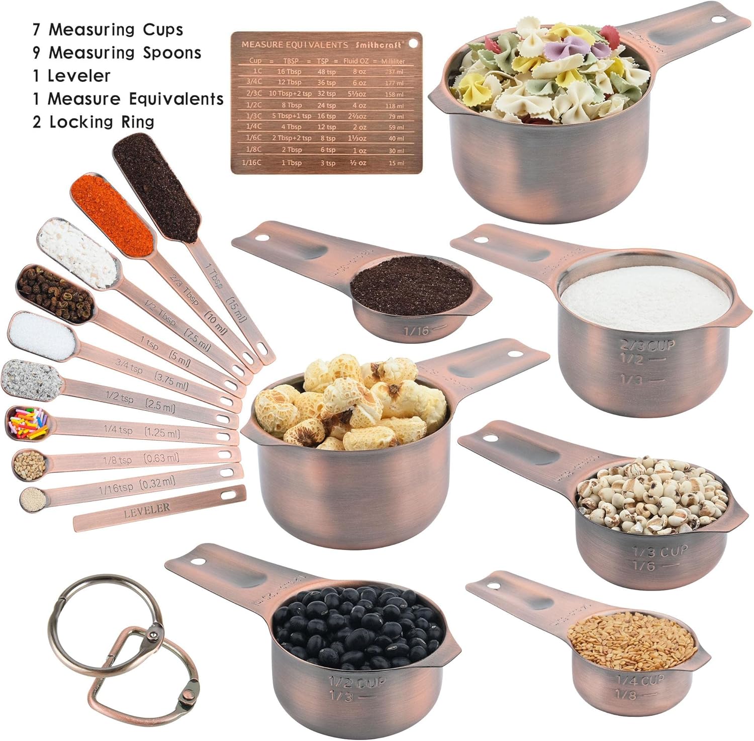 Smithcraft Measuring Cups and Spoons Set, Copper Measuring Cups and Spoons Set for Dry & Liquid, Metric&US 7 Stainless Steel MeasureR Cup&9 Spoon Leveler & Measure Enquivalents for Kitchen & Baking