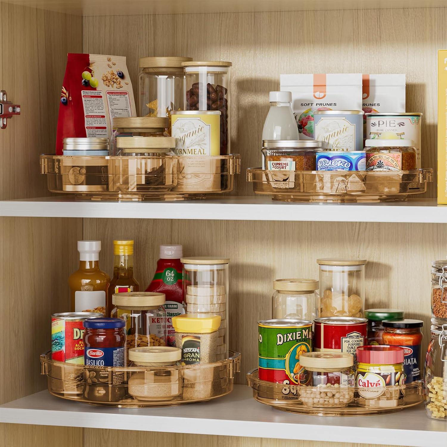 LAMU 4 Pack Lazy Susan Organizer, Lazy Susan Turntable for Cabinet, Refrigerator, Table Top, Kitchen, Bathroom, Pantry Organizers and Storage, 12in 10.6in, Amber