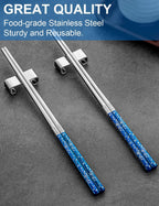 Metal Chopsticks Reusable 2 Pairs Titanium Plated Stainless Steel Chopsticks with Holder, Dishwasher Safe Non-Slip Japanese Style Chop Sticks Present Set (Blue Silver)