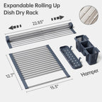 Expandable Over Sink Dish Drying Rack, Large Roll Up Dish Drying Rack with 2 Storage Baskets, Rolling Drain Mats for Kitchen Sink Counter, BPA-Free(12-22 * 15.3'', Blue)