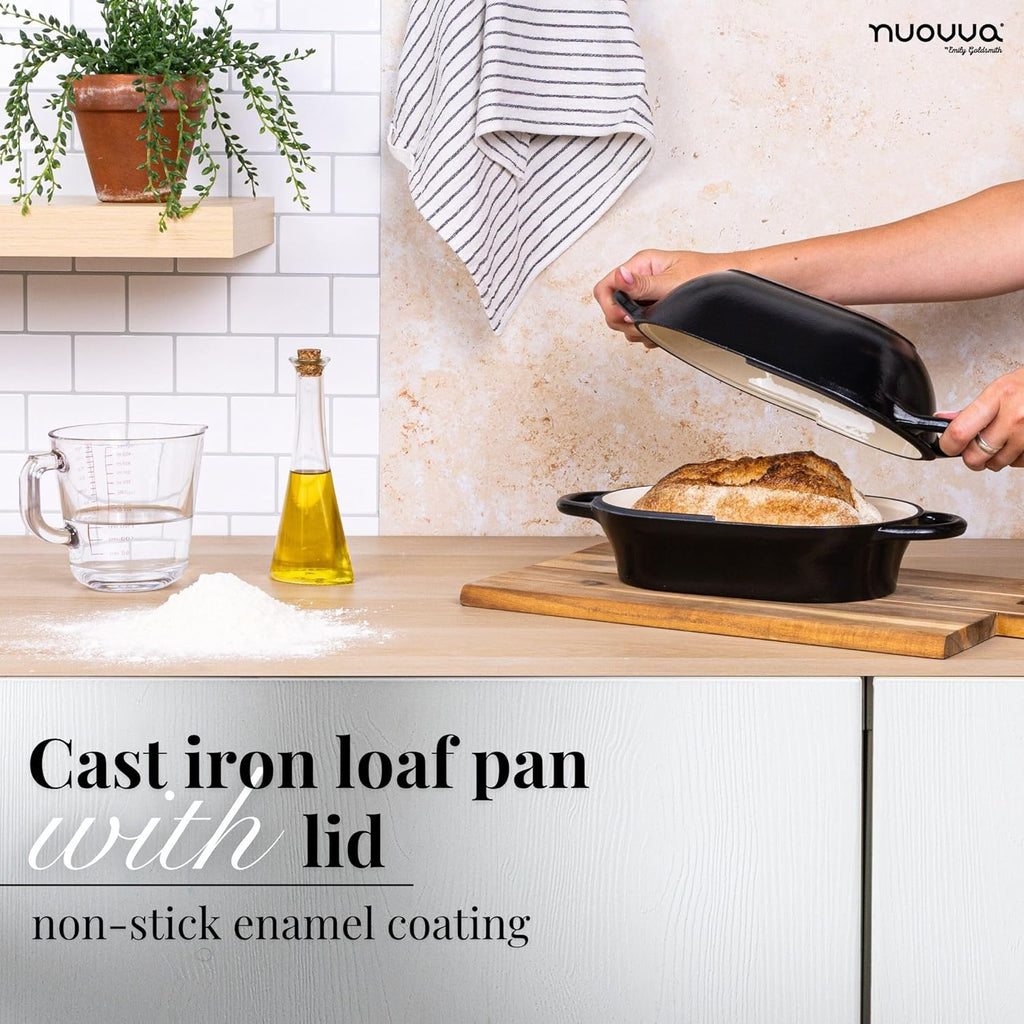 nuovva Dutch Oven For Sourdough Bread Baking – Enamelled Cast Iron Bread Loaf Pot – Oven Safe Non Stick Bread Pot – Rectangular, Black, 24cm x 16cm