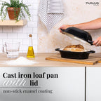 nuovva Dutch Oven For Sourdough Bread Baking – Enamelled Cast Iron Bread Loaf Pot – Oven Safe Non Stick Bread Pot – Rectangular, Black, 24cm x 16cm