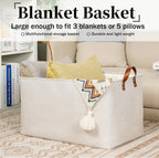 DULLEMELO Beige Storage Baskets for Organizing, Set of 2 Extra Large Canvas Fabric Storage Baskets with Handles, Foldable Storage Bins Baskets for Blankets Living Room