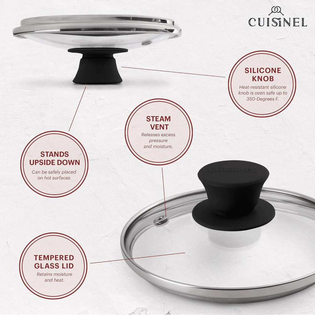 Glass Lid with Steam Vent Hole - 6"-Inch/15.24cm - Compatible with Lodge Cast Iron Skillet Pan - Fully Assembled Universal Replacement Cover - Tempered and Oven Safe - Reinforced Stainless Steel Rim