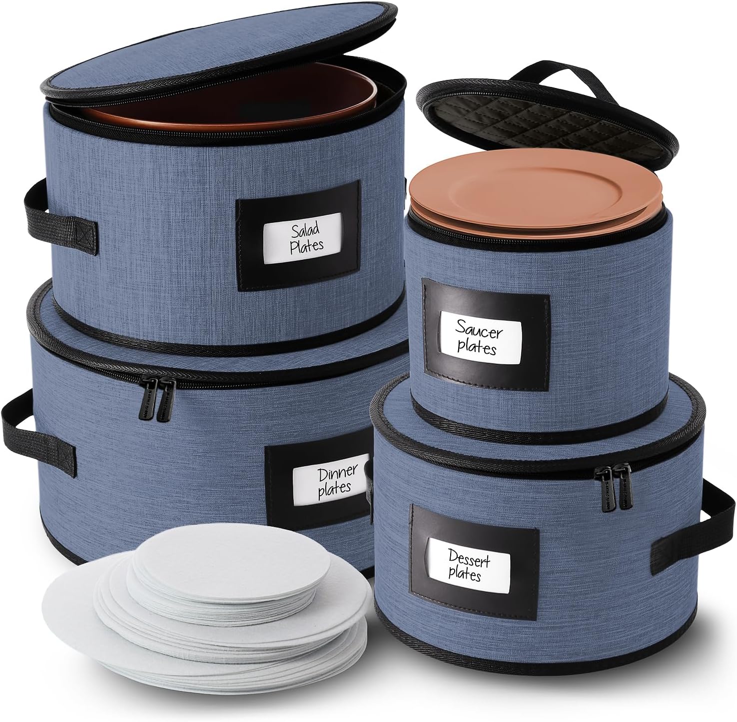 Fine China Storage Containers Hard Shell, 4 Piece Dish Storage Containers, Quilted Plate Containers, Stackable Dish Organizer with Dividers, Dinnerware Storage for Moving and Seasonal Storage, Blue