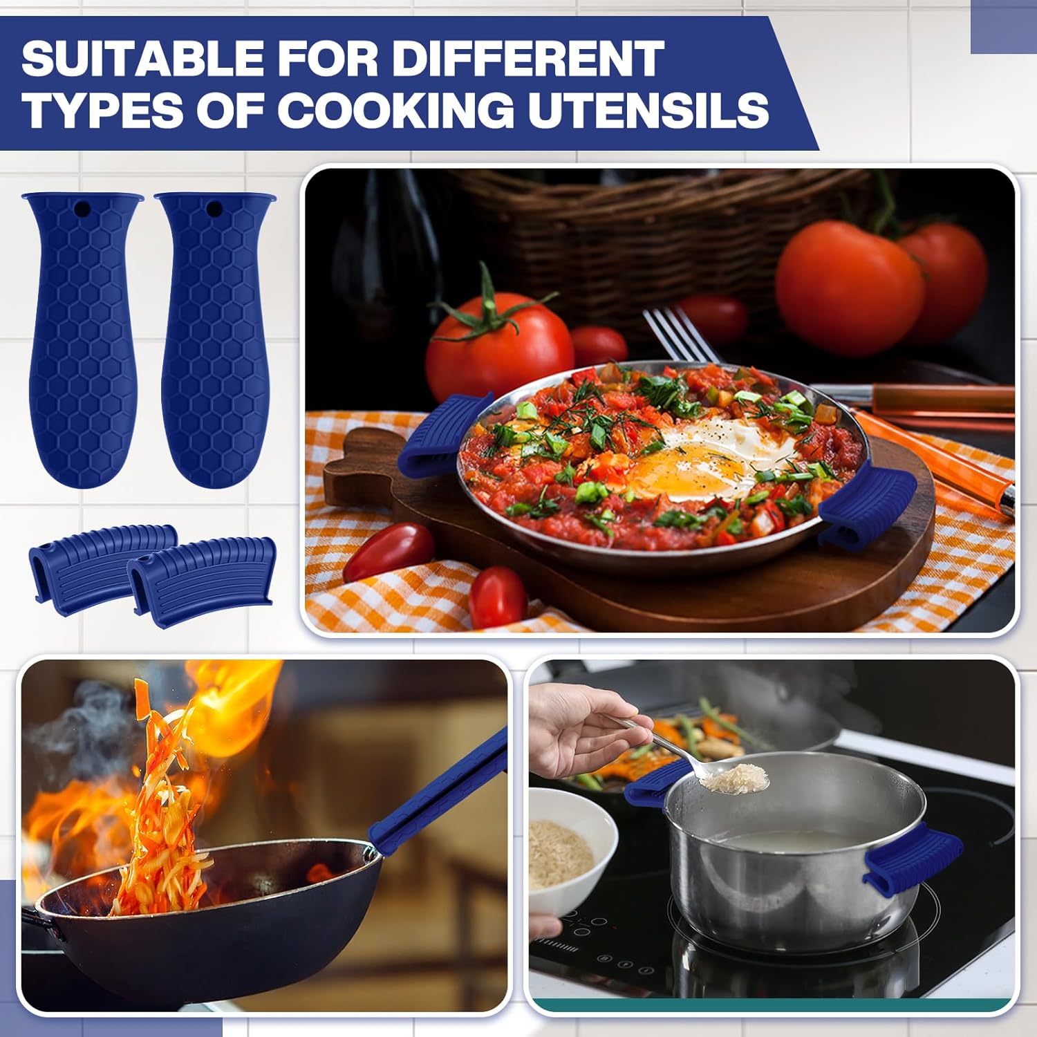 Patelai 8 Pcs Silicone Pot Holders Set Cast Iron Handle Cover Heat Resistant Pot Handle Covers Potholder Non Slip Reusable Pan Sleeve for Frying Pan Kitchen Supplies (Navy Blue)